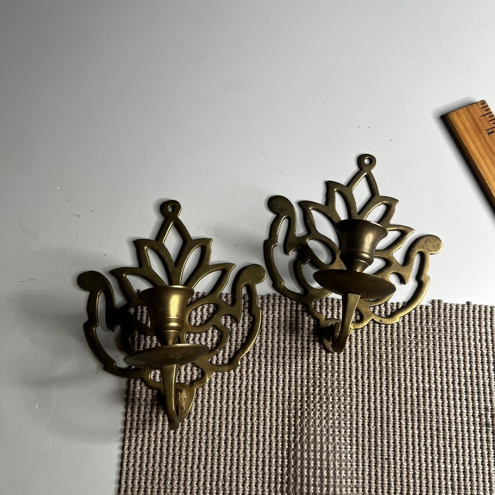 Vintage Century Brass Wall Sconce Pair Lotus Tulip Openwork Candle Holders